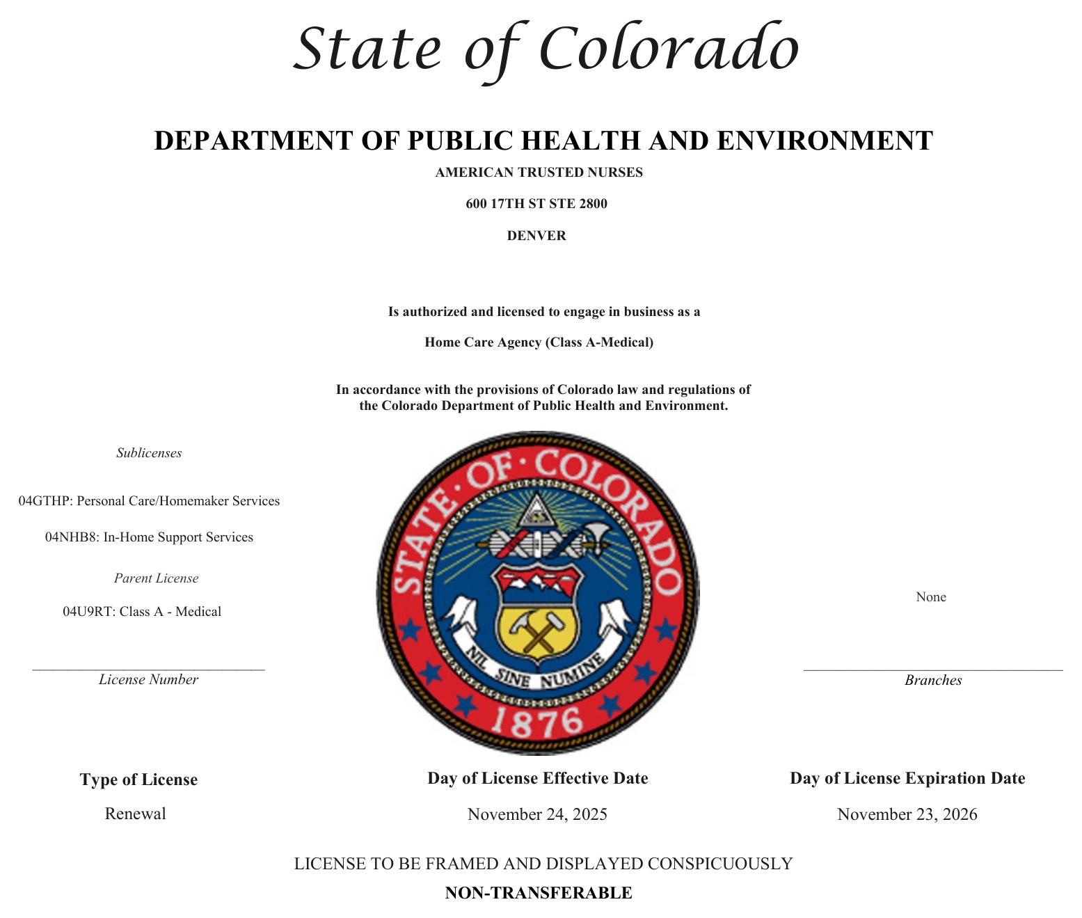 State of Colorado Department of Public Health and Environment license — American Trusted Nurses, Home Care Agency (Class A - Medical), effective November 24, 2025 through November 23, 2026